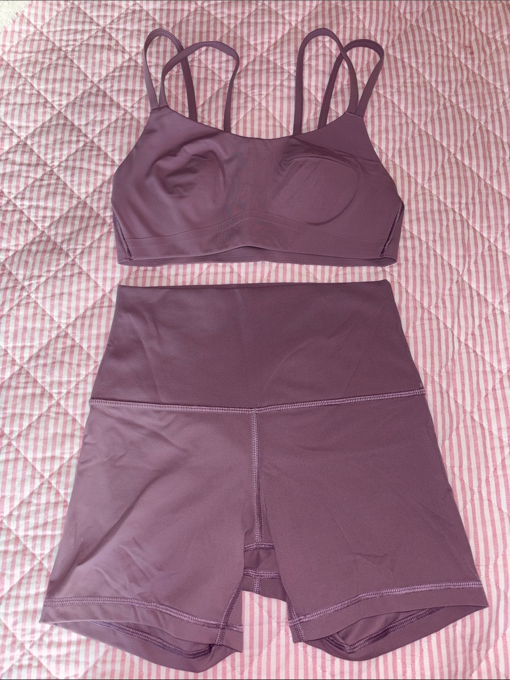 lululemon athletica mauve double-strap sports bralette & high-waist shorts